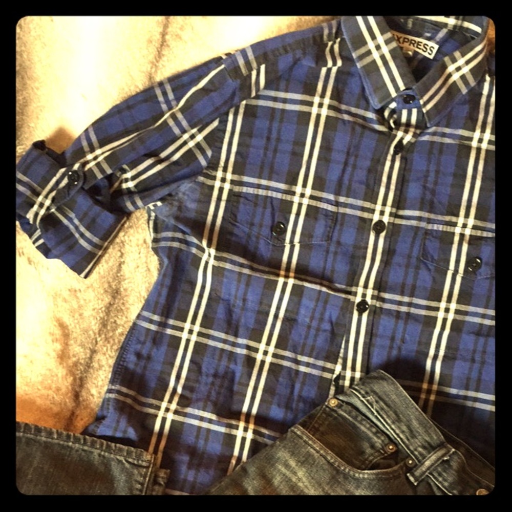 Men’s Blue Plaid Express Fitted Dress Shirt